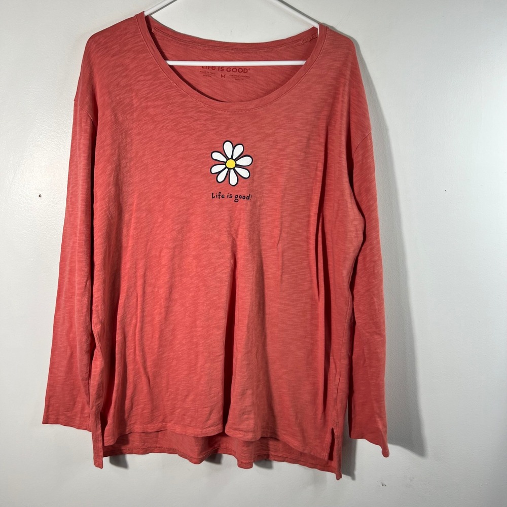 Womens Life Is Good Flower Daisy Long Sleeve Slub Cotton Tee Shirt Orange M